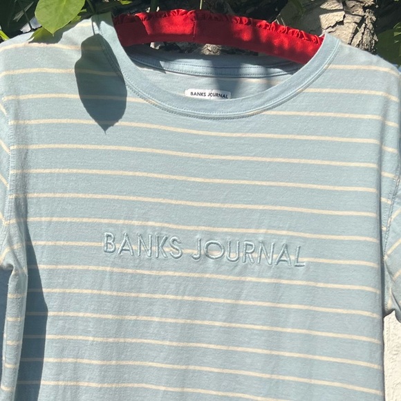Banks Journal Embroidered Logo Blue & White Stripe T-Shirt | Soft Organic Cotton - Picture 3 of 12